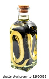 Snakeoil Salesman, Cure All Scam And Quack Medicine Concept Theme With Bottle Of Oil And A Snake In It Isolated On White Background With A Clipping Path Cut Out