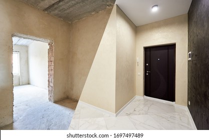 Snapshot Of A Corridor In A Big Apartment, Before And After Renovation Works, Contrasted Black Wall In A Light Hallway, Dark Door On A Light Wall