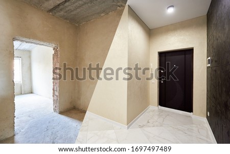 Snapshot of a corridor in a big apartment, before and after renovation works, contrasted black wall in a light hallway, dark door on a light wall