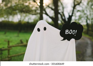 Snapshot Of A Ghost With A Sheet And A Speech Bubble Saying Boo.