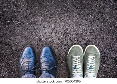 Sneakers And Business Shoes Side By Side On Asphalt, Work Life Balance Concept