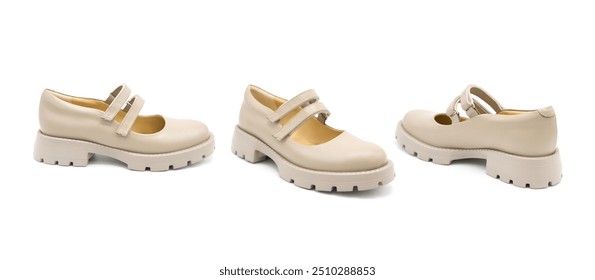 Sneakers. Sandals. Pair of fashionable leather shoes isolated on white background. View from all sides.	 - Powered by Shutterstock