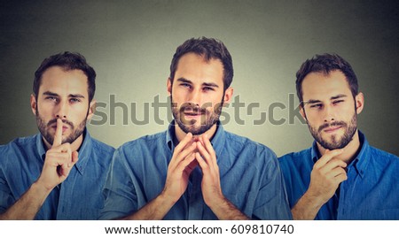 Sneaky scheming young man plotting something wants to screw someone isolated on gray wall background. Negative human emotion facial expression feeling attitude