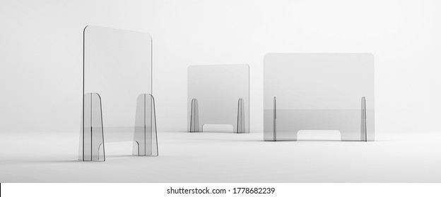 Sneeze guards, social distancing barriers and shields. Help maintain social distance and physical separation while protecting from splashes and sprays with clear plastic barriers. Plexiglass sneeze gu - Shutterstock ID 1778682239