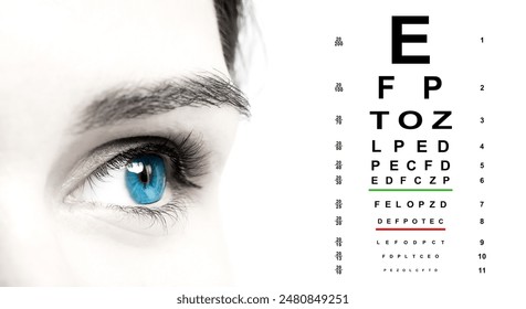 Snellen chart and closeup of woman's eye on white background, banner design. Color toned - Powered by Shutterstock