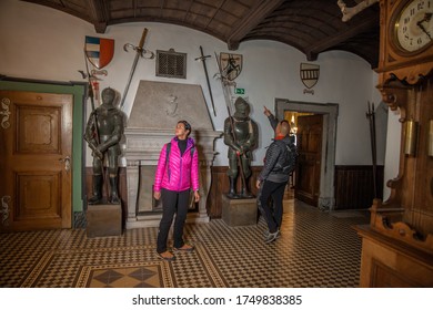 SNEZNIK, SLOVENIA - Sep 30, 2018: Couple Sightsee Unique Slovenian Interior Of Heritage National Museum Of Slovenia, Sneznik Castle