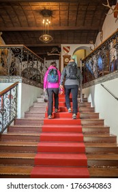 SNEZNIK, SLOVENIA - Sep 30, 2018: Couple Sightsee Unique Slovenian Interior Of Heritage National Museum Of Slovenia, Sneznik Castle