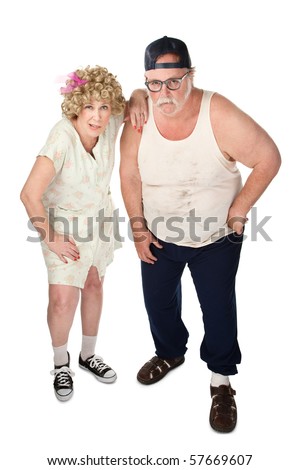 Snickering older couple with dirty clothes on white background