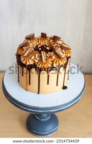 Snickers cake with peanut butter cream, melted chocolate, candy bars, bites of peanuts and salted caramel on plain grey background