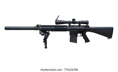 Sniper Aim the camera  scopes mounted rifle gun isolated on white background. This has clipping path.