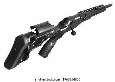 the sniper rifle is black, depicted on a white background. the photo of the weapon was taken from the side of the butt. in the image of the carbine, the butt, barrel, and bolt are clearly visible.