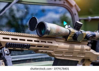 Sniper Rifle With A Telescopic Sight For Long Range Shooting In War. 