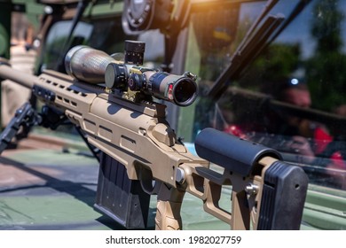 Sniper Rifle With A Telescopic Sight For Long Range Shooting In War. 