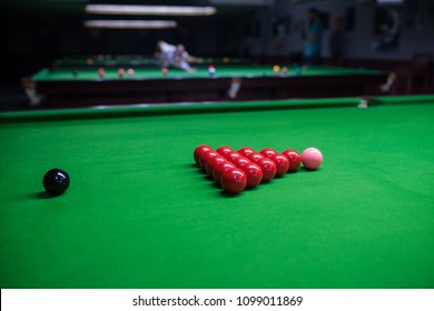 Snooker Balls And Table With Green Cloth Side View