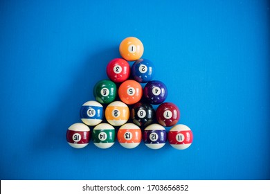 Snooker Or Pool Game On Blue Table At Home