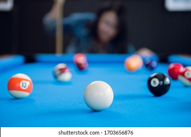 Snooker Or Pool Game On Blue Table At Home