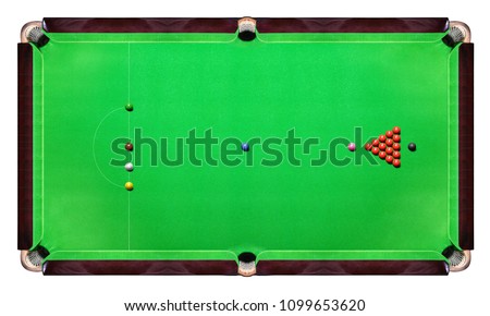 Snooker table with Multicolor snooker balls on green top view