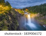 Snoqualmie, Washington, USA at Snoqualmie Falls at twilight.