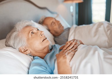 Snoring, bedroom and senior couple with reaction, insomnia and awake with stress, upset and emotion. Pensioner, mature woman and elderly man in bed, home and thinking with retirement and boredom - Powered by Shutterstock