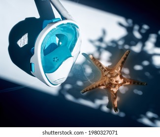 Snorkeling mask with full face protection and snorkel breathing. The starfish is next to the mask on a white background. The concept of recreation at sea, ocean, relaxation, swimming, diving, sports.