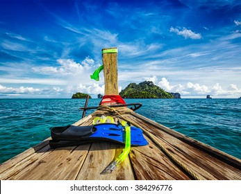 Snorkeling Set On Boat, Sea, Island. Thailand