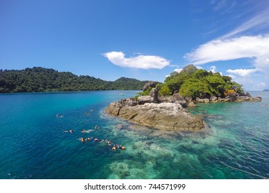 Snorkeling Trips,tourist Are Snorkeling Watching Fish In The Sea ,seascape Mountain View,(Koh Chang,Trat,Thailand.)