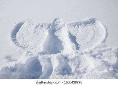 snow angel drawing fresh covered field  childrens activity in winter  lay and your body the ground   move the arms up   down 