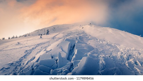 Snow Avalanche In Winter Mountains. Danger Extreme Concept