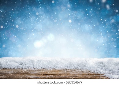 snow background light floor cold empty blue wooden space white table xmas top counter plank season wood card january frost falling concept - stock image