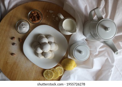 
Snow Ball,White Cookies Photo For Web And Mobile.Still Life-white Cookies With Lemon And Almonds.