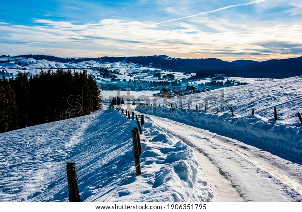 snow between mountains and
valleys with beaten path divided by barbed wire in Asiago, Vicenza,
Italy