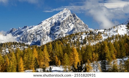 Snow blankets Monte Antelao, while fiery autumn leaves frame the towering peak, offering a stunning fusion of winter and fall beauty in the heart of the Dolomites.