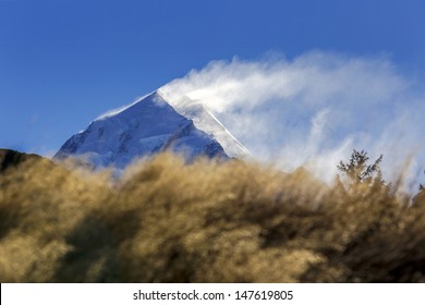 snow blowing over the top of Mount Cook at Mount Cook National Park, Canterbury, New Zealand - Powered by Shutterstock