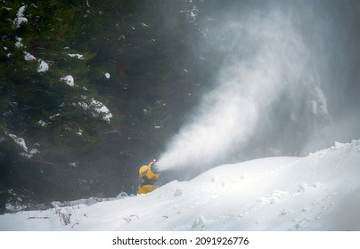 Snow cannon making snow at ski resort. Super slow motion 1000 fps.