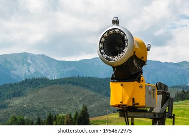 Snow Cannon In Mountains. Snow Gun For Making Artificial Snow.