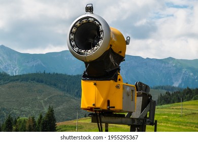 Snow Cannon In Mountains. Snow Gun For Making Artificial Snow.