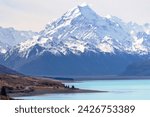  Snow capped Mount Cook and Southern Alps over Lake Pukaki, New Zealand 