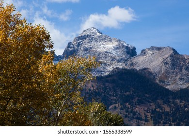 Snow capped mountain with fall colored trees