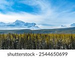 Snow capped mountain range in distance on a cloudy day with blue skies lingering overlooking a green tree lined forest before a frozen river in Banff National Park