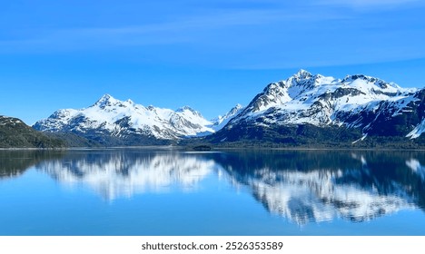 Snow capped mountains reflect off a calm ocean in Glacier Bay National Park, Alaska. - Powered by Shutterstock