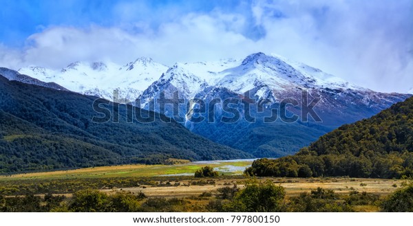 Snow Capped Mountains Summer New Zealand Nature Stock Image