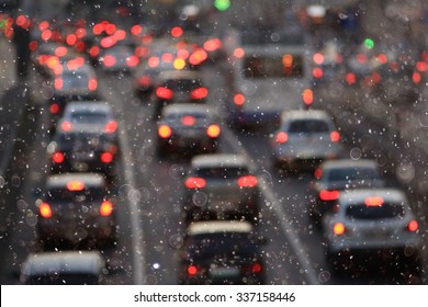 Snow In The City Night Traffic Road Transport