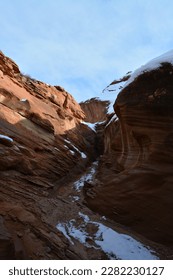 snow and cold weather at the Dry Fork Slot Canyon at the Lower trailhead, Hole in the Rock road in Utah Grand Staircase Escalante National Monument, America - Shutterstock ID 2282230127