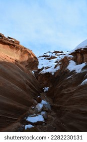snow and cold weather at the Dry Fork Slot Canyon at the Lower trailhead, Hole in the Rock road in Utah Grand Staircase Escalante National Monument, America - Shutterstock ID 2282230131
