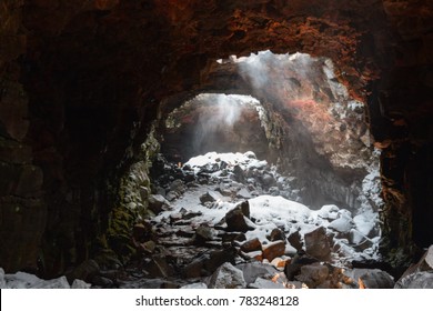 Snow Coming Into The Raufarholshellir Lava Tube, South Iceland.