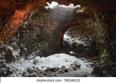 Snow Coming Into The Raufarholshellir Lava Tube, South Iceland.