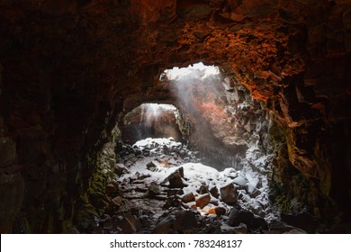 Snow Coming Into The Raufarholshellir Lava Tube, South Iceland.