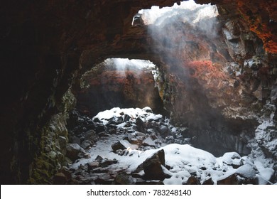 Snow Coming Into The Raufarholshellir Lava Tube, South Iceland.