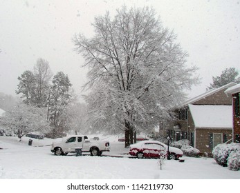 Snow Continues To Fall During A Morning Snowstorm; Charlottesville, VA, USA