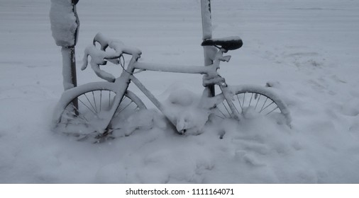 Snow Covered Bicycle In Boston  During Snowstorm.